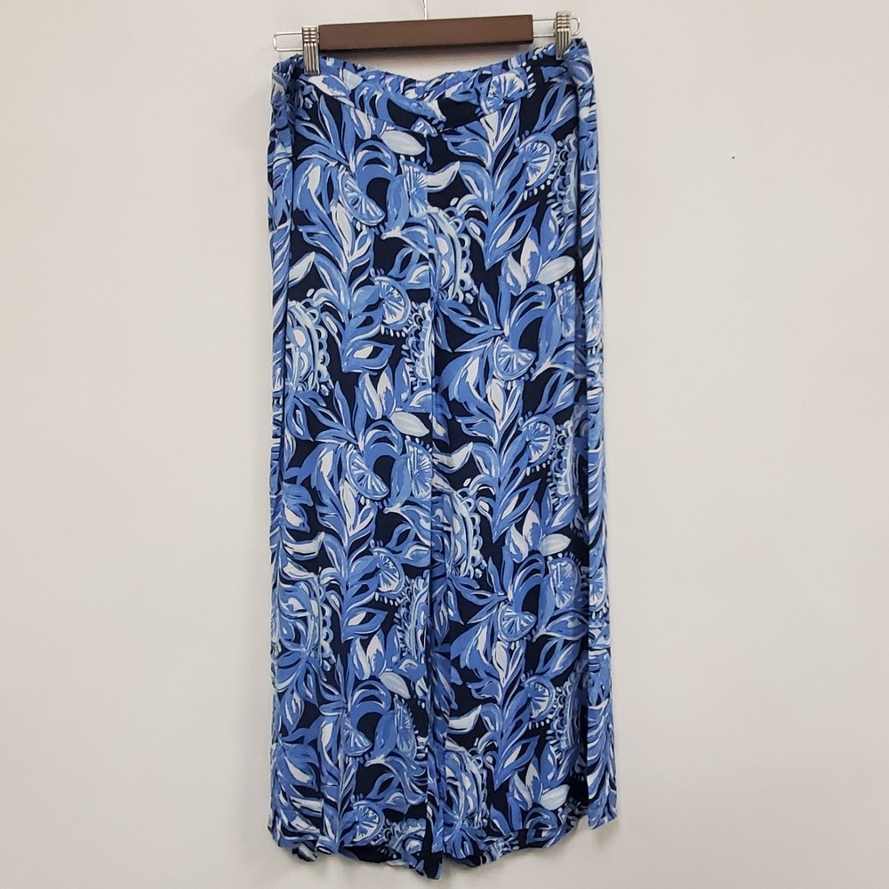 Lilly Pulitzer Womens Blue Floral Avery Cropped Flowy Pants Size 12 Tropical Sea